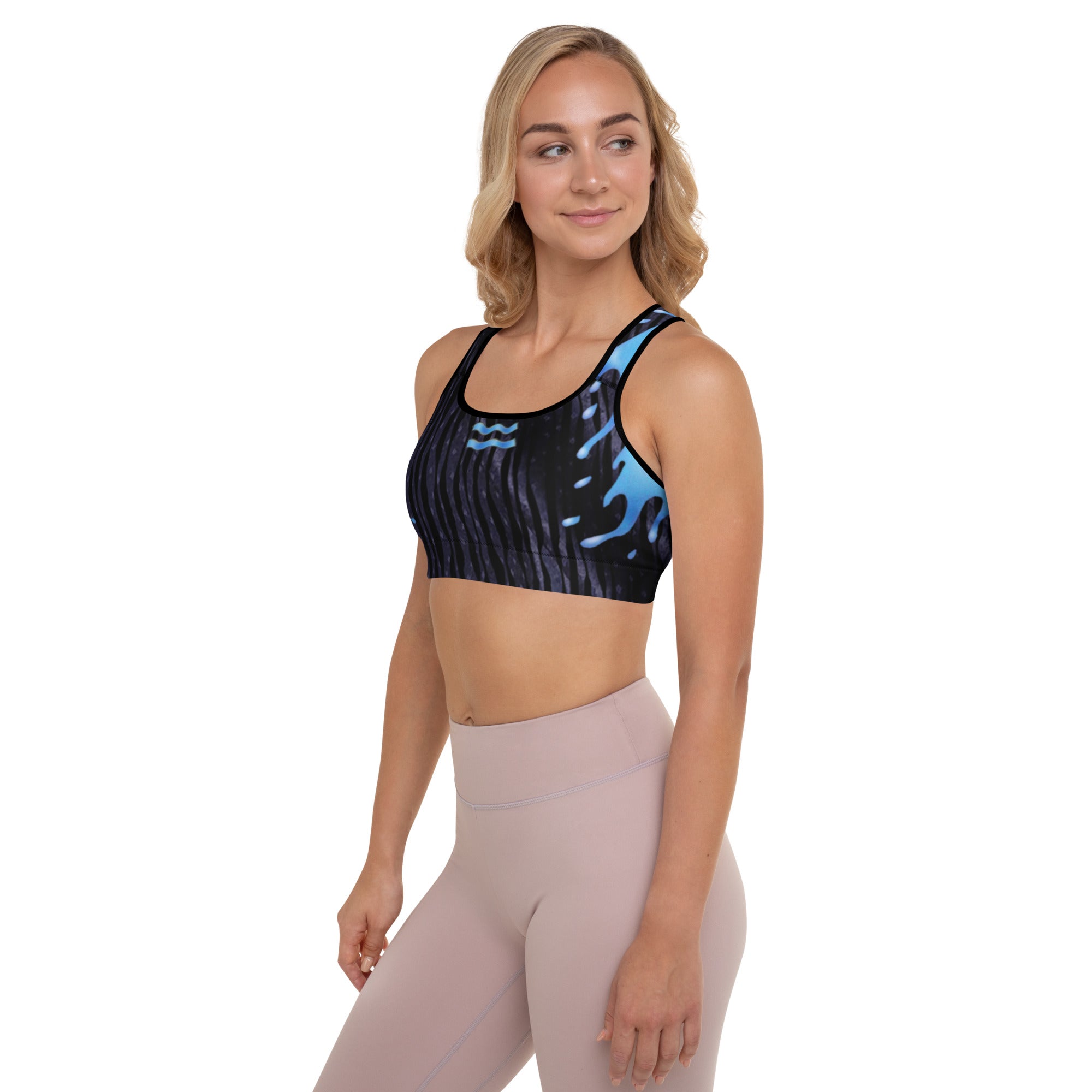 Black Sports Bra. Gym Top for Women. Workout Wear for Aquarians. "Cosmic Aqua" by WickedYo.